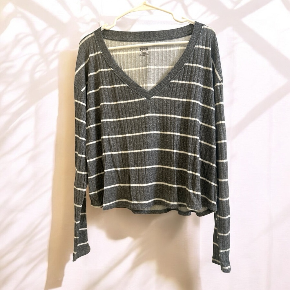 PINK Victoria's Secret Charcoal and White Striped V-Neck Lounge Top